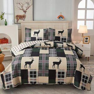 Lodge Bedspread King Size, Rustic Cabin Quilt Set Deer Printed Bedspreads Coverl